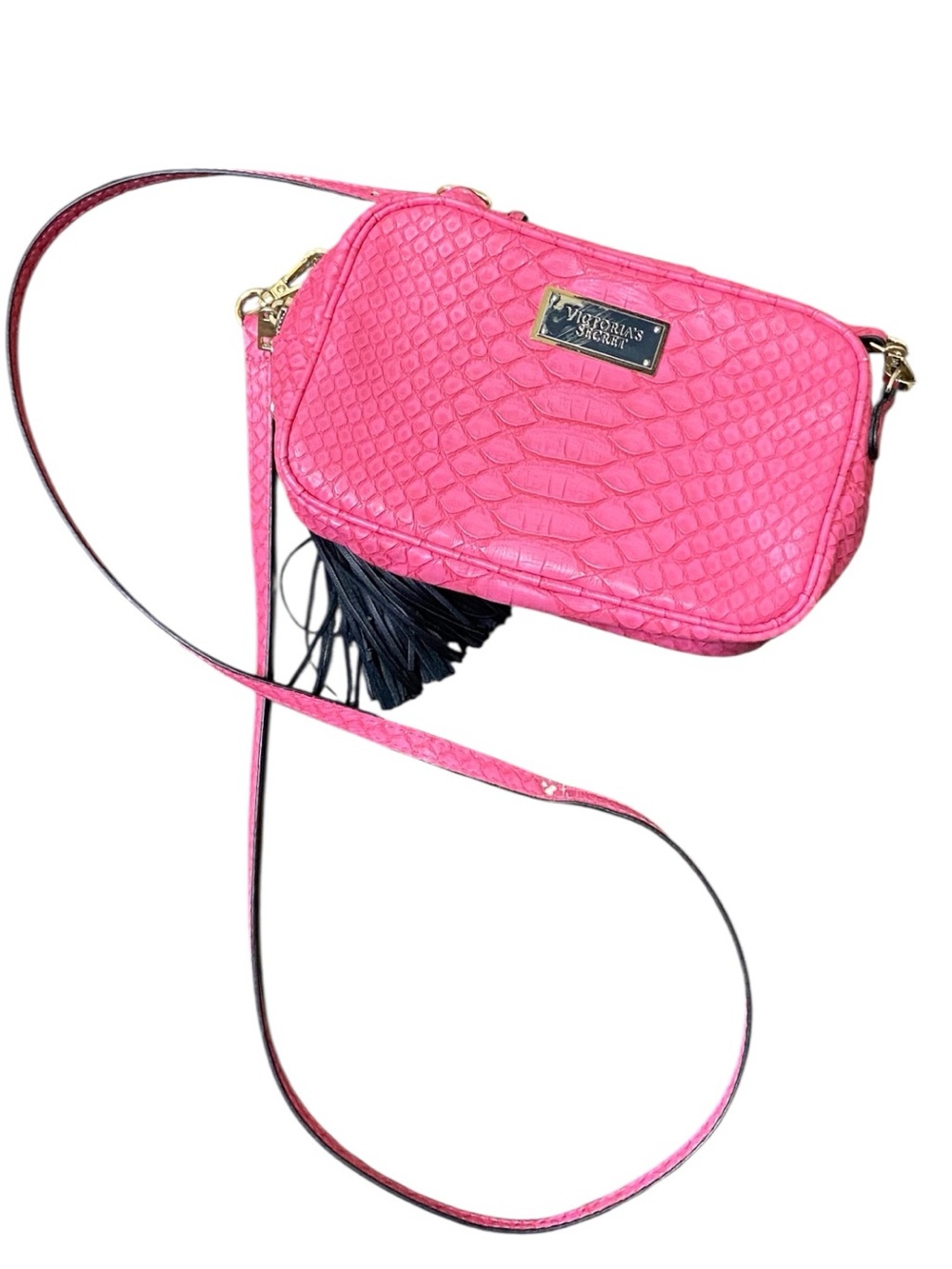 Victoria's Secret Hot Pink Croc-Texture Crossbody with Black Tassel